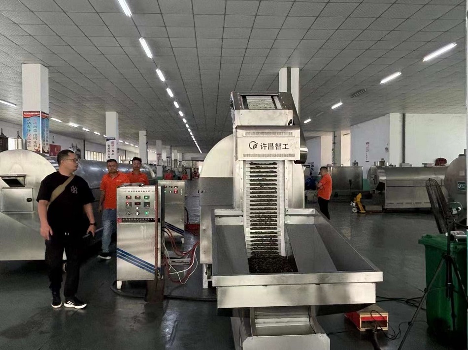 福建客戶考察許昌智工8米流水線電磁炒瓜子設(shè)備 福建客戶考察許昌智工8米流水線電磁炒瓜子設(shè)備